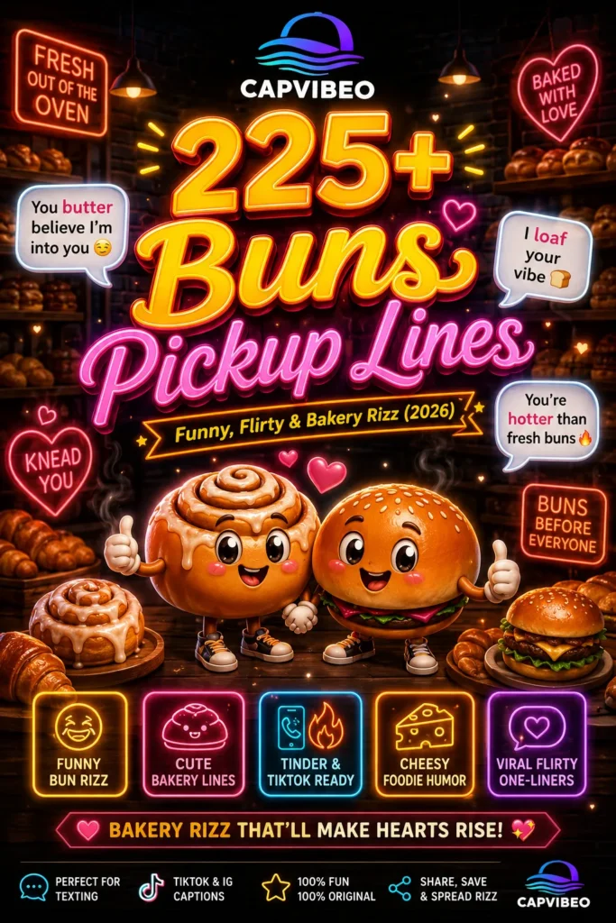 Funny and flirty buns pickup lines infographic featuring neon bakery aesthetics, cute bun characters, foodie rizz jokes, and viral Gen-Z bakery humor for 2026.
