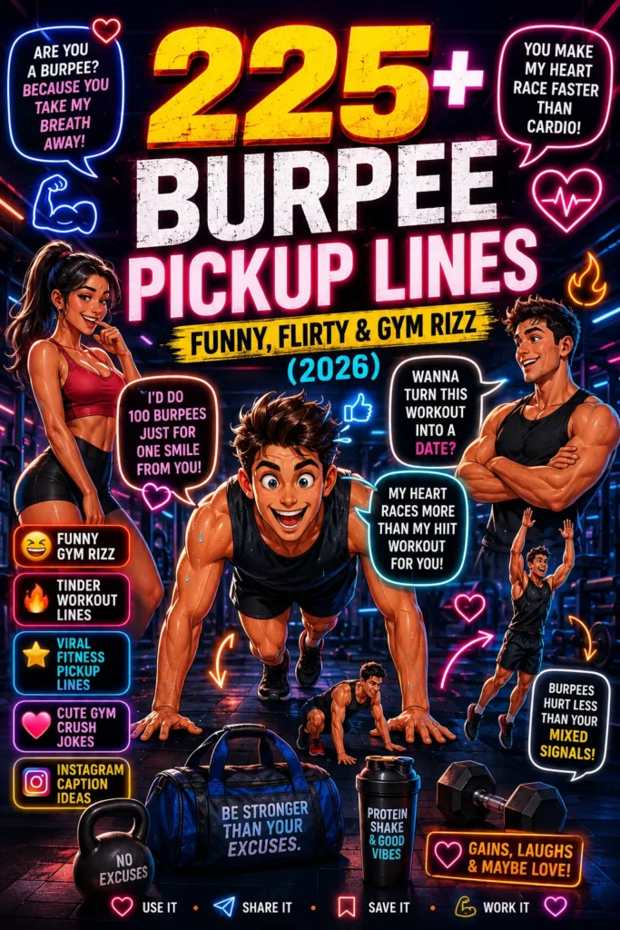 Funny burpee pickup lines infographic featuring gym rizz jokes, flirty workout captions, fitness memes, and viral gym crush humor for 2026
