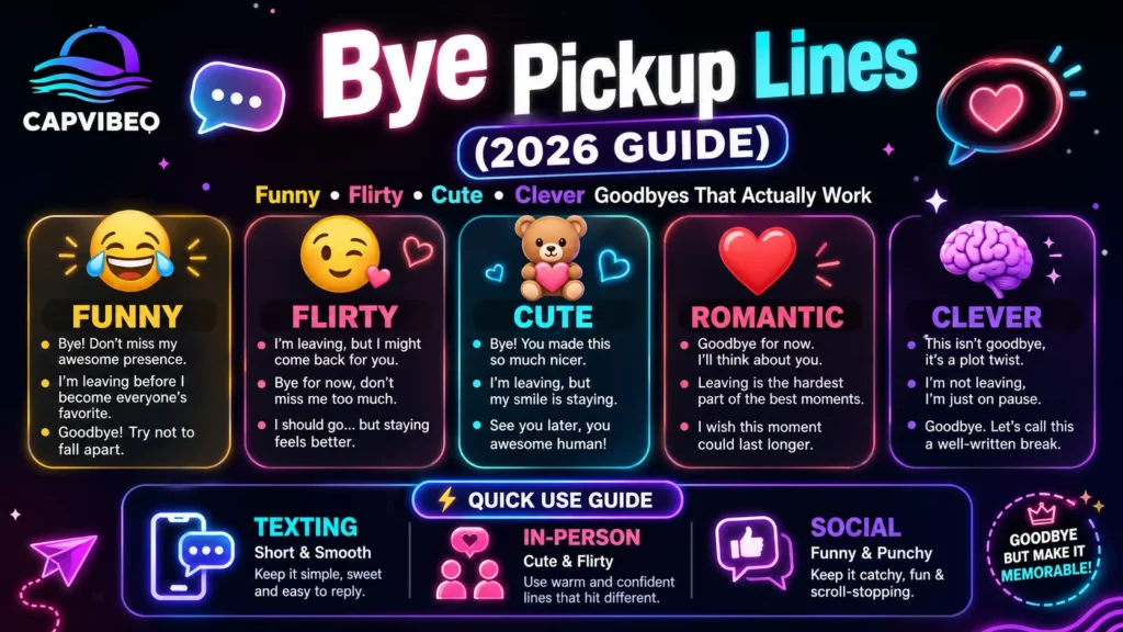 Bye pickup lines infographic showing funny, flirty, cute, romantic, and clever goodbye lines for texting, dating, and social media in 2026
