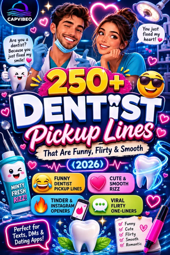 Funny and flirty dentist pickup lines infographic with neon dental aesthetics, Gen-Z dating humor, and smooth Tinder-style rizz.