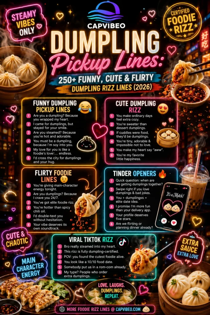 Funny and flirty dumpling pickup lines infographic featuring cute foodie rizz quotes, bao buns, gyoza puns, and TikTok-style romantic humor for 2026.