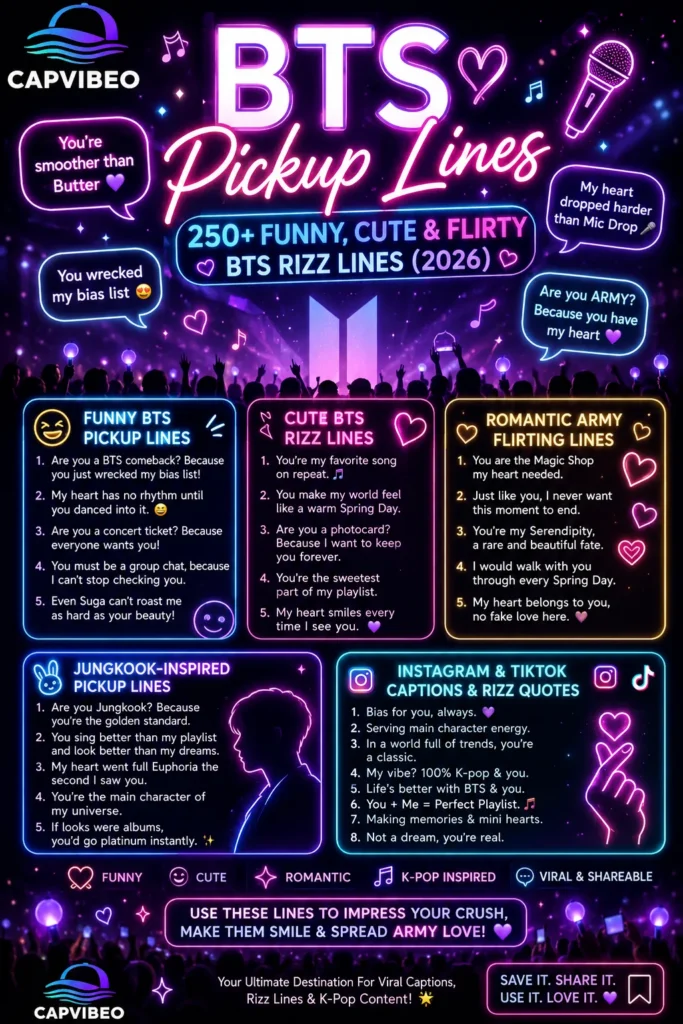 BTS Pickup Lines infographic featuring funny, cute, flirty, and romantic BTS rizz lines for ARMY fans with neon K-pop aesthetic design.