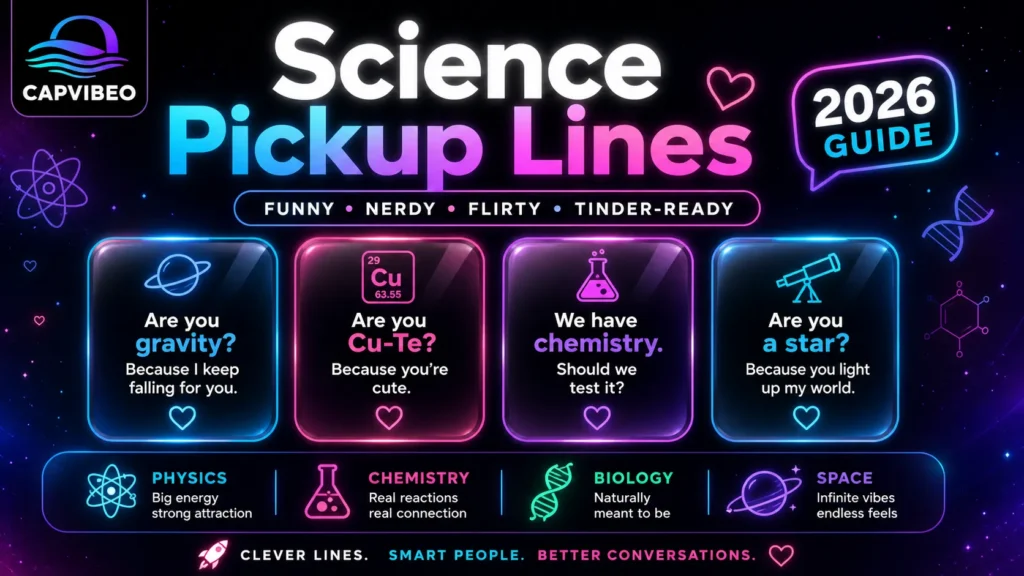 Science pickup lines infographic with funny, nerdy, and flirty one-liners for Tinder, DMs, and social media in a modern neon design.