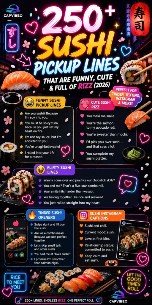 Funny and flirty sushi pickup lines infographic featuring cute sushi rizz lines, Tinder openers, sushi puns, Instagram captions, and modern Gen-Z flirting jokes.