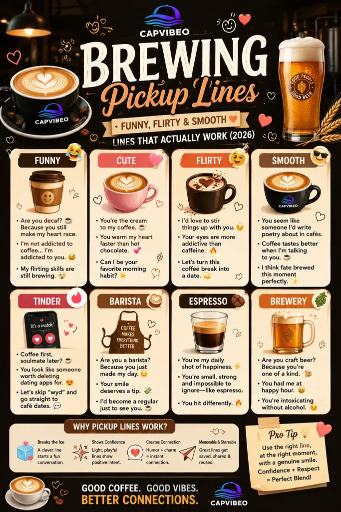  Brewing pickup lines infographic featuring funny coffee, espresso, brewery, and flirty café pickup lines with modern social media style design.