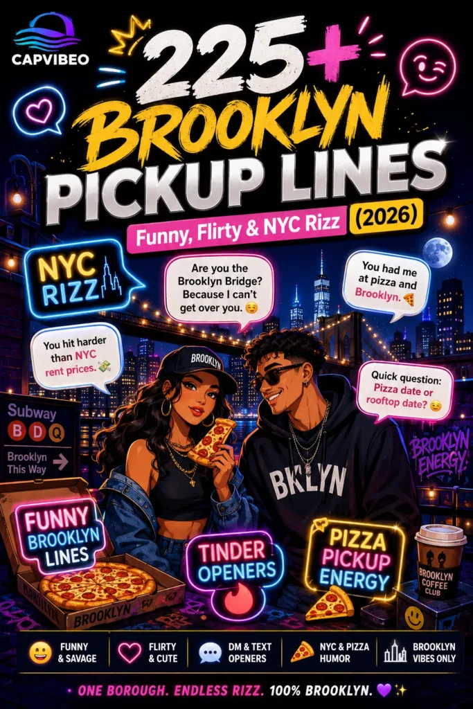 Funny Brooklyn pickup lines infographic featuring NYC rizz, Brooklyn Bridge humor, Tinder openers, pizza jokes, and viral Gen-Z flirting lines for 2026.