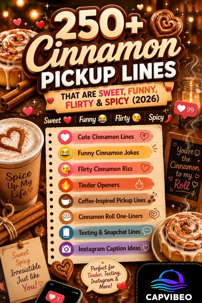 250+ Cinnamon Pickup Lines infographic featuring funny, cute, flirty, romantic, and spicy cinnamon-themed pickup lines with cinnamon rolls, coffee, bakery treats, and cozy dating-inspired visuals.