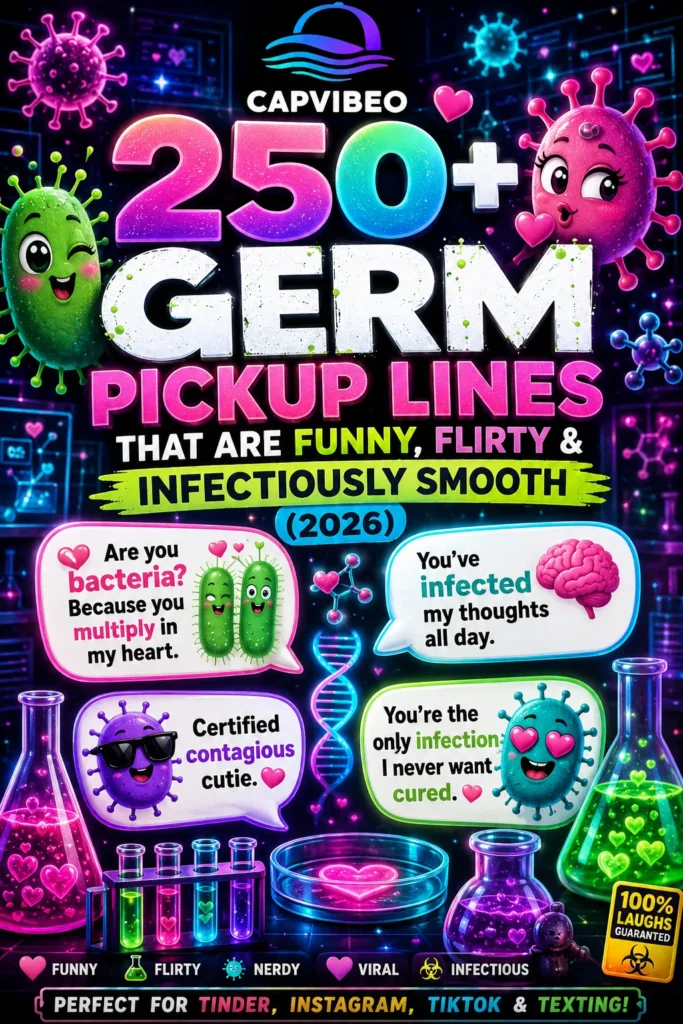 Colorful infographic featuring funny germ pickup lines with cute bacteria cartoons, neon science lab aesthetics, flirty microbiology jokes, and viral TikTok-style dating humor.