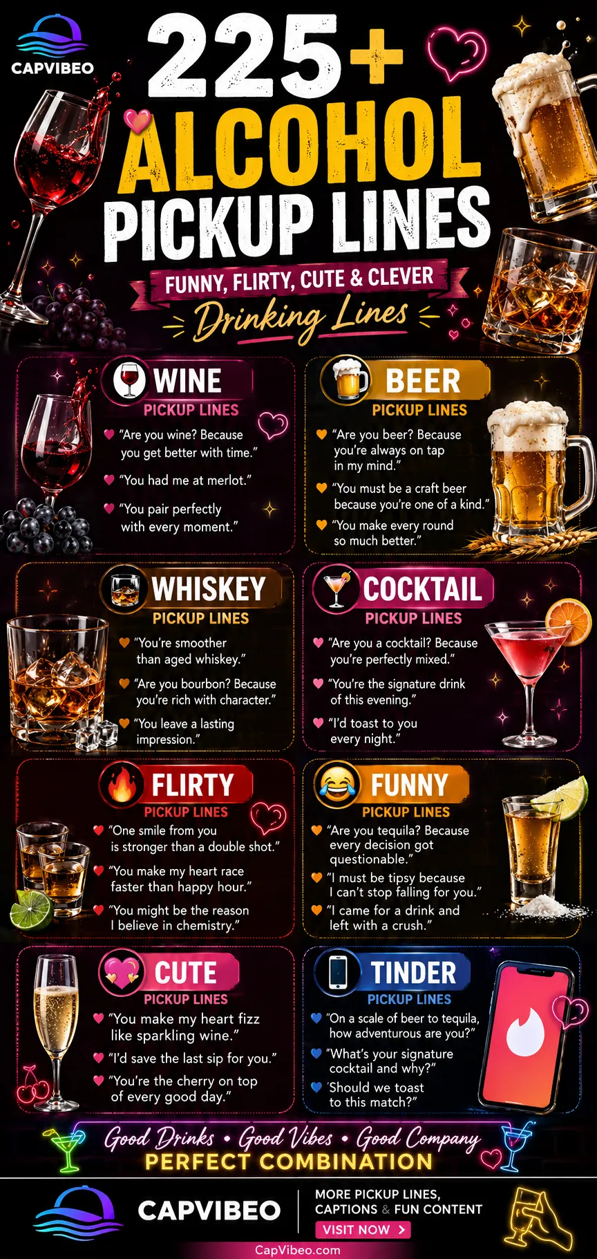 Alcohol Pickup Lines infographic featuring 225+ funny, flirty, cute, romantic, wine, beer, whiskey, tequila, cocktail, Tinder, and drinking-themed pickup lines for social media, dating apps, bars, and parties.