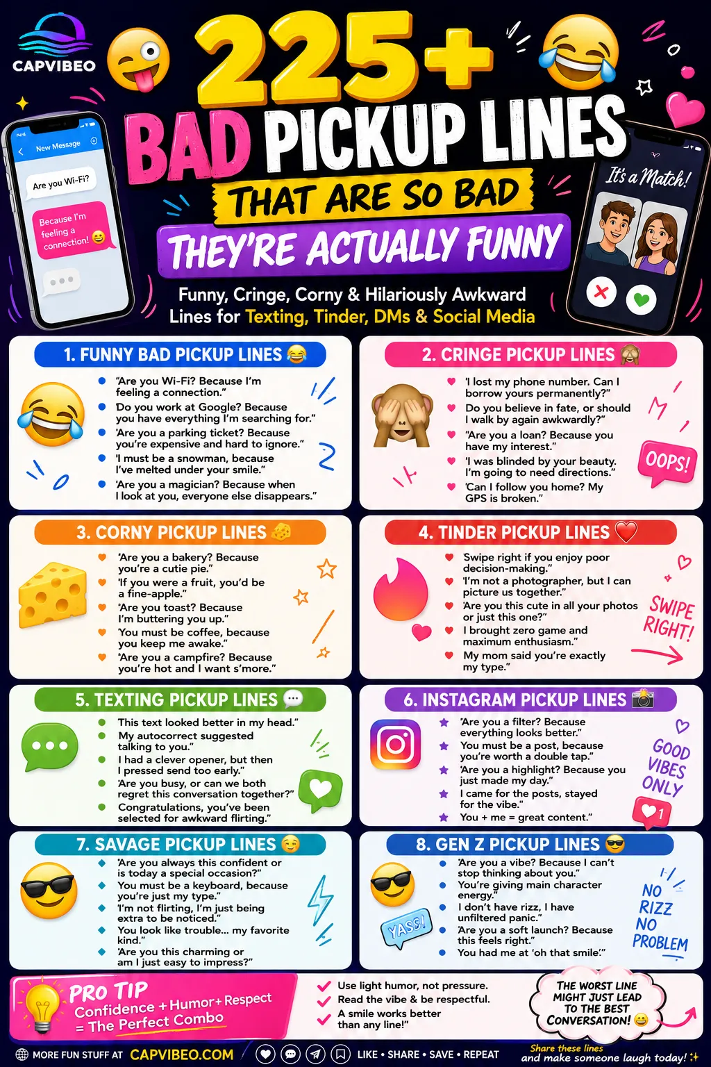 Infographic featuring 225+ bad pickup lines including funny, cringe, corny, Tinder, texting, Instagram, savage, and Gen Z pickup lines with colorful social media-inspired design elements.
