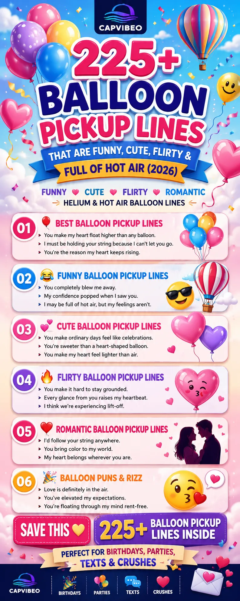 Colorful Pinterest infographic featuring 225+ balloon pickup lines including funny, cute, flirty, romantic, helium balloon, hot air balloon, and balloon rizz lines for 2026.