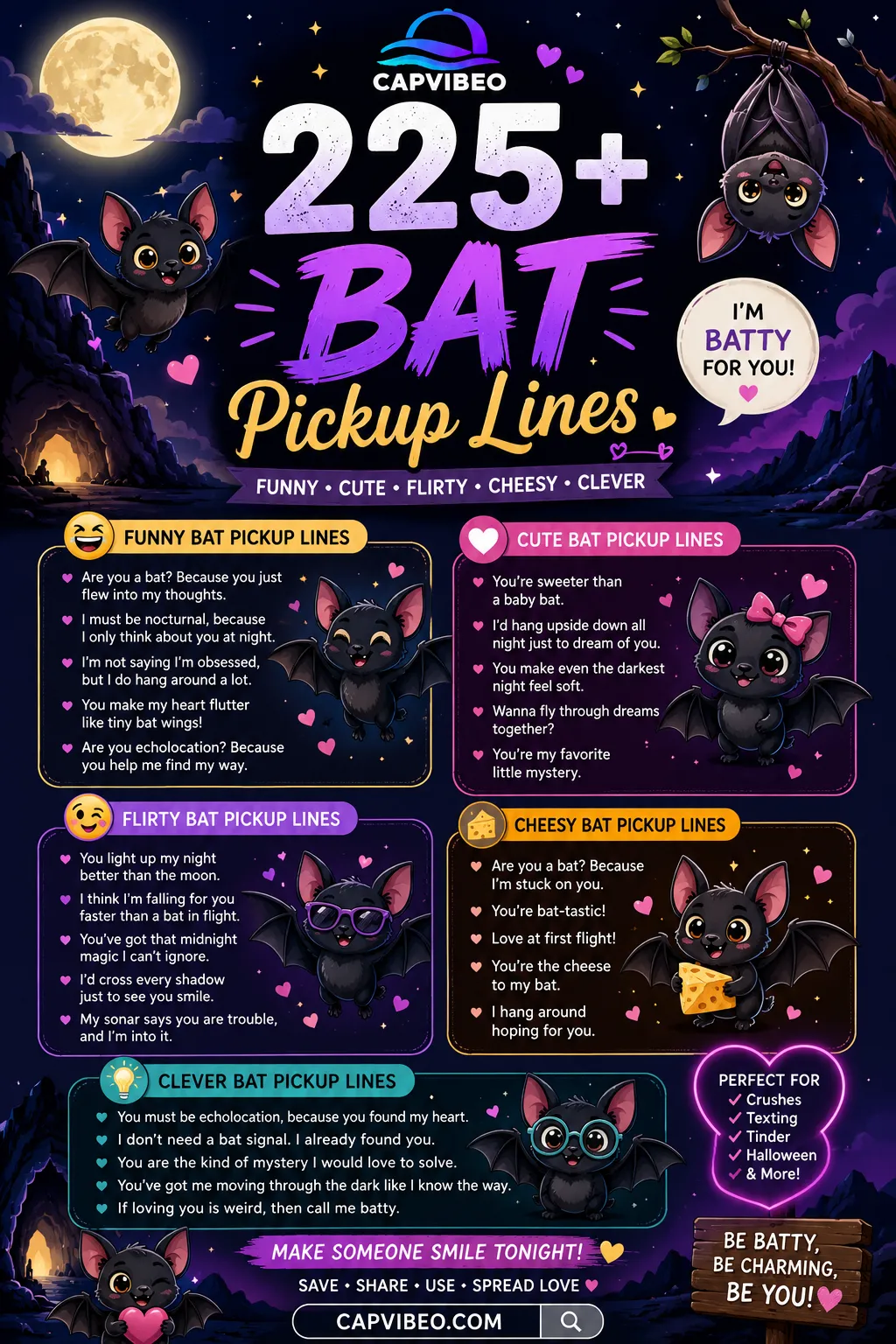 225+ Bat Pickup Lines infographic featuring funny, cute, flirty, cheesy, and clever bat-themed pickup lines with adorable cartoon bats, moonlit skies, and a playful nighttime design.