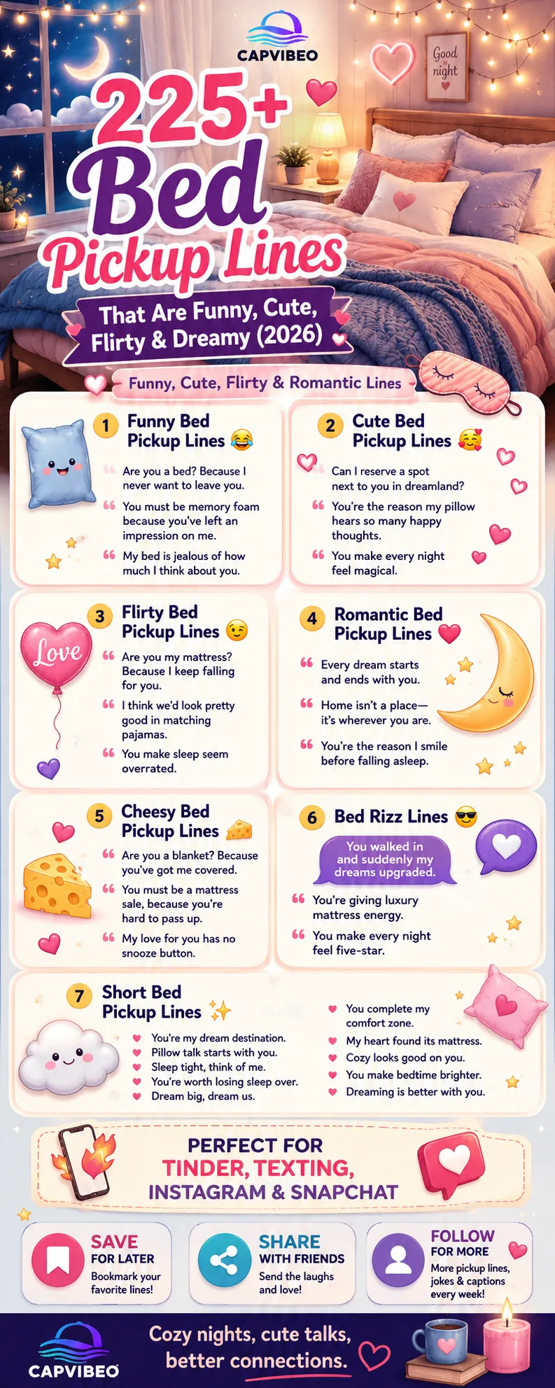 225+ Bed Pickup Lines infographic featuring funny, cute, flirty, romantic, cheesy, and bed rizz lines with a cozy bedroom theme, dreamy decor, pillows, hearts, and the CAPVIBEO logo.