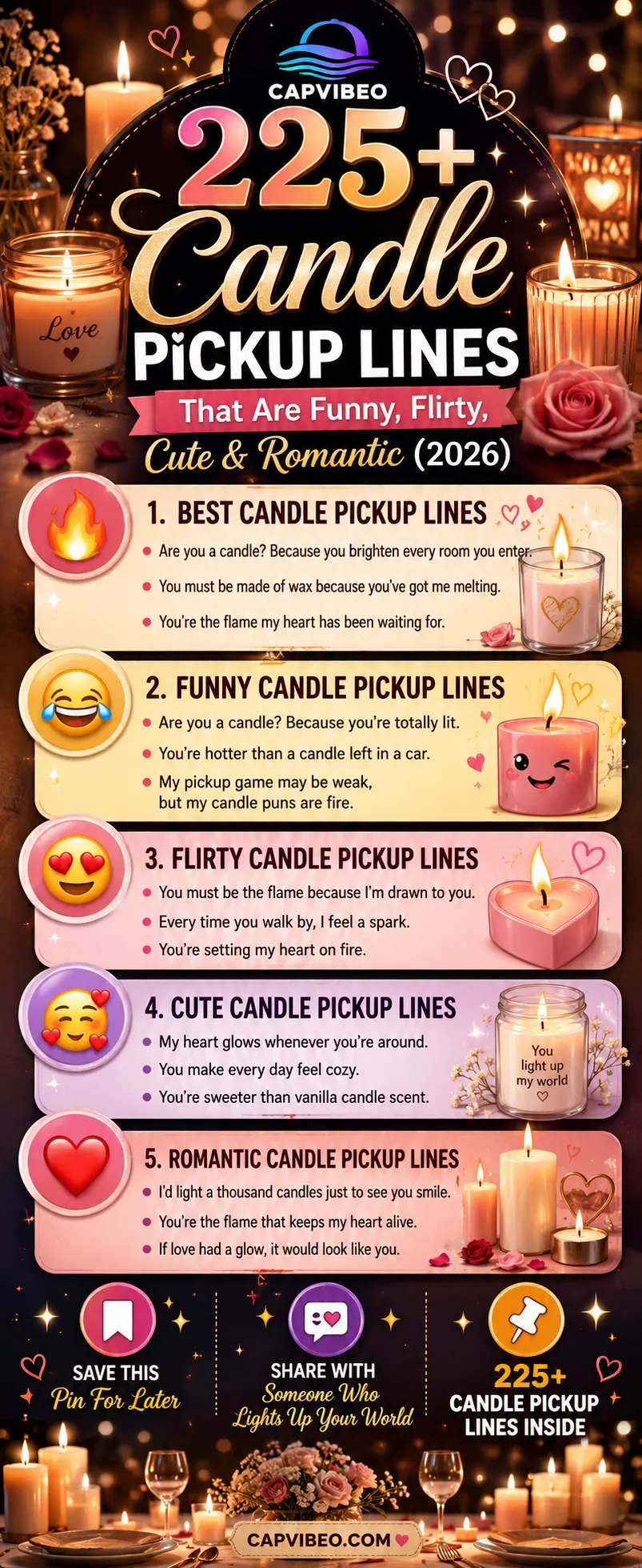 225+ candle pickup lines infographic featuring funny, flirty, cute, romantic, Tinder, and candlelight-themed pickup lines, with warm, glowing candle illustrations and a cozy, romantic aesthetic.