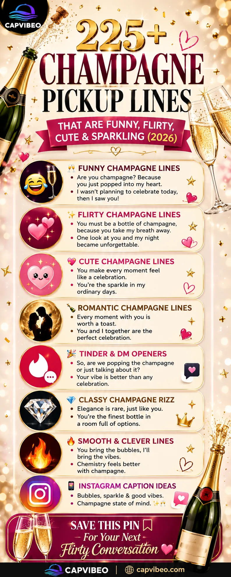 Pinterest infographic featuring 225+ Champagne pickup lines categorized into funny, flirty, cute, romantic, classy, Tinder, Instagram, and clever champagne-themed openers for 2026.