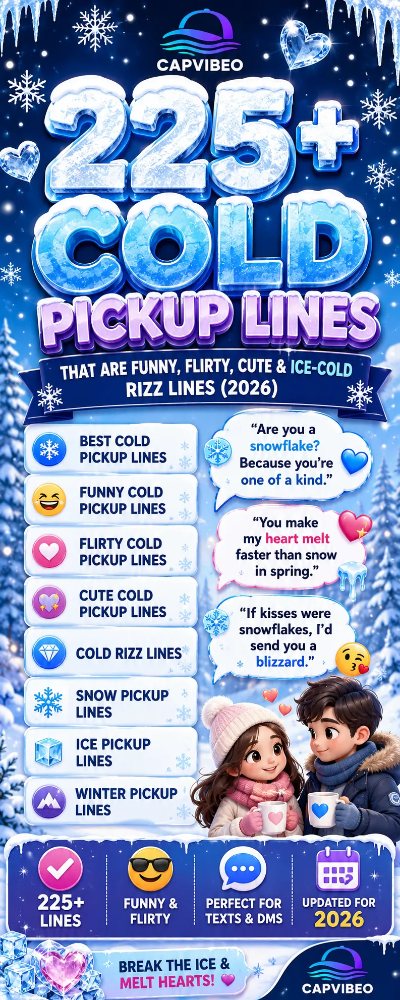 Cold pickup lines infographic featuring 225+ funny, flirty, cute, snow-themed, winter, ice, and cold rizz lines for texting, DMs, Tinder, and social media conversations in 2026.