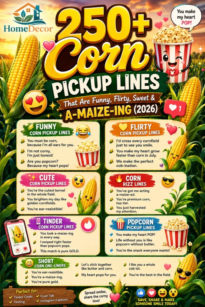 250+ Corn Pickup Lines infographic featuring funny, flirty, cute, sweet, popcorn-themed, Tinder-ready, and a-maize-ing corn pickup lines with golden cornfield visuals and playful dating humor.