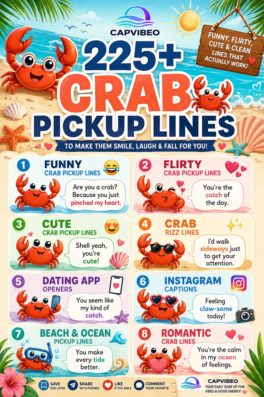 225+ Crab Pickup Lines infographic featuring funny, flirty, cute, romantic, and clean crab-themed pickup lines with adorable cartoon crabs, beach illustrations, ocean waves, seashells, and colorful coastal design.