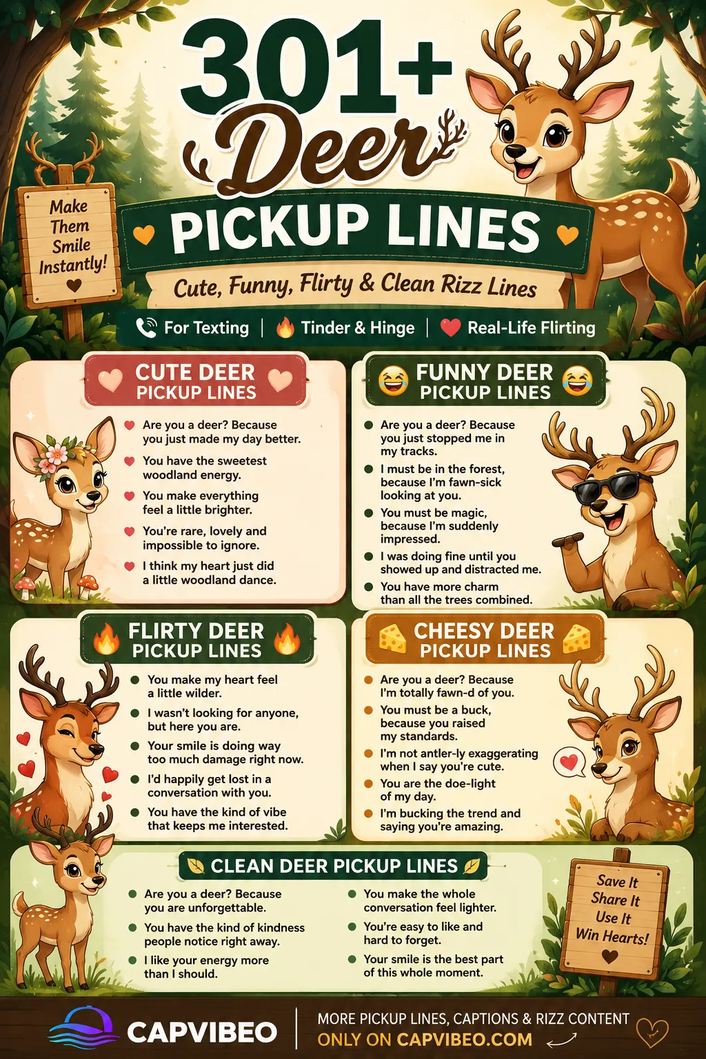 Vertical infographic titled “301+ Deer Pickup Lines” with cute deer illustrations, woodland colors, and sections for funny, cute, flirty, cheesy, and clean pickup lines.