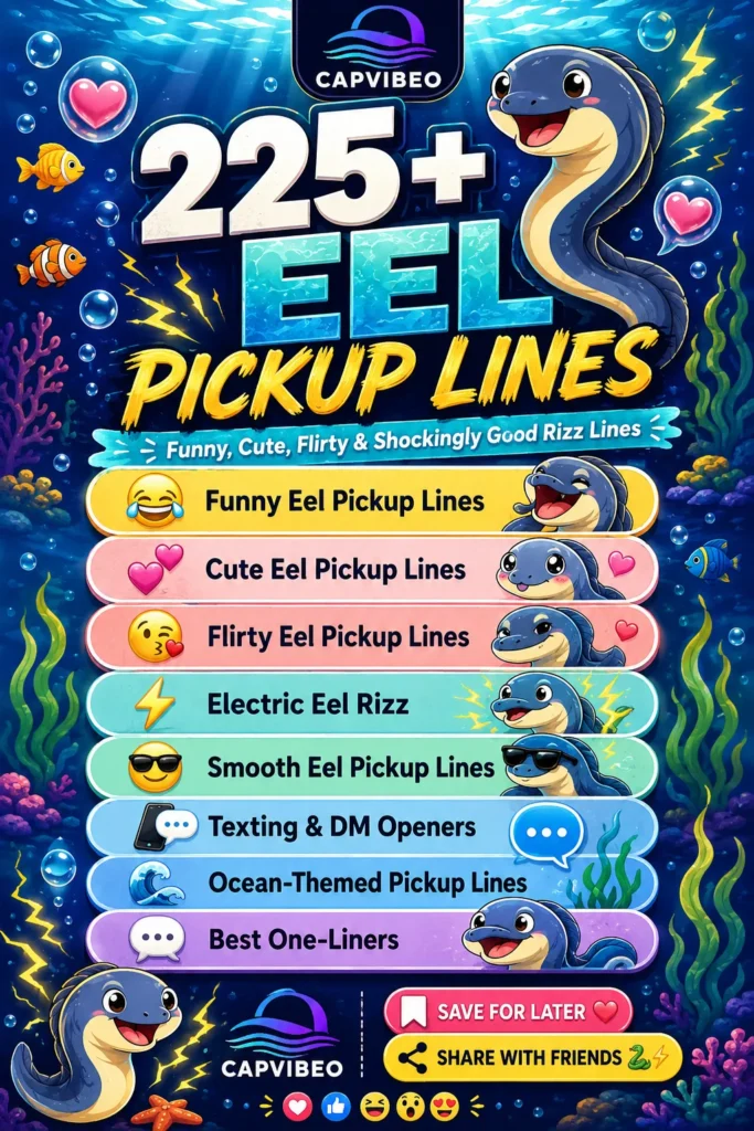 225+ eel pickup lines infographic featuring funny, cute, flirty, smooth, and electric eel rizz lines with colorful underwater ocean illustrations and playful eel characters.
