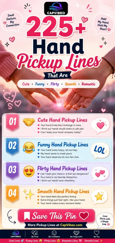 225+ Hand Pickup Lines infographic featuring cute, funny, flirty, romantic, and smooth hand pickup lines for texting, dating apps, Instagram captions, and hand-holding moments.