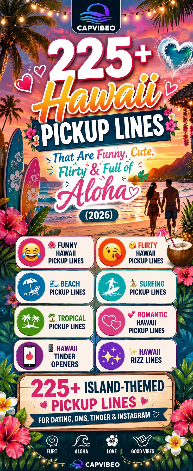 225+ Hawaii pickup lines infographic featuring funny, flirty, romantic, beach, surfing, aloha, tropical, and Hawaii rizz lines with a colorful Hawaiian beach background.