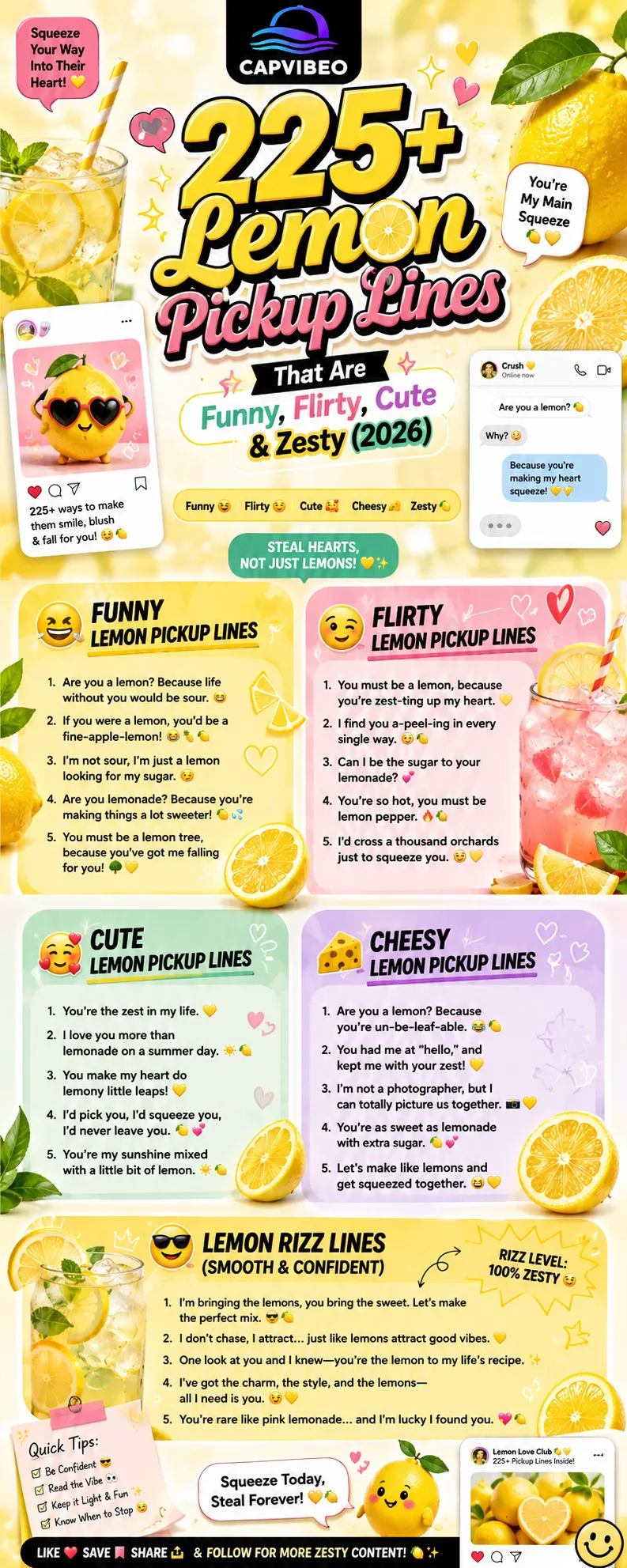 225+ lemon pickup lines infographic featuring funny, flirty, cute, and cheesy citrus rizz lines for texting, Tinder, and Instagram captions in 2026