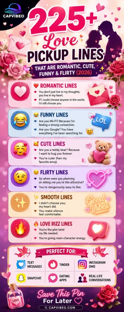 225+ Love Pickup Lines infographic featuring romantic, cute, funny, flirty, smooth, and love Rizz pickup lines for texting, Tinder, Instagram DMs, dating apps, and real-life conversations in 2026.