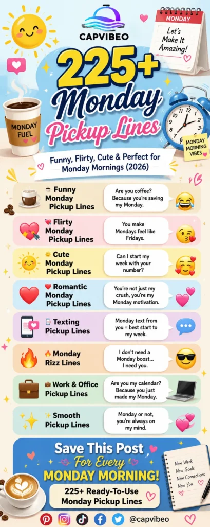 225+ Monday pickup lines infographic featuring funny, flirty, cute, romantic, coffee-themed, and Monday morning pickup lines for texts, dating apps, and social media.