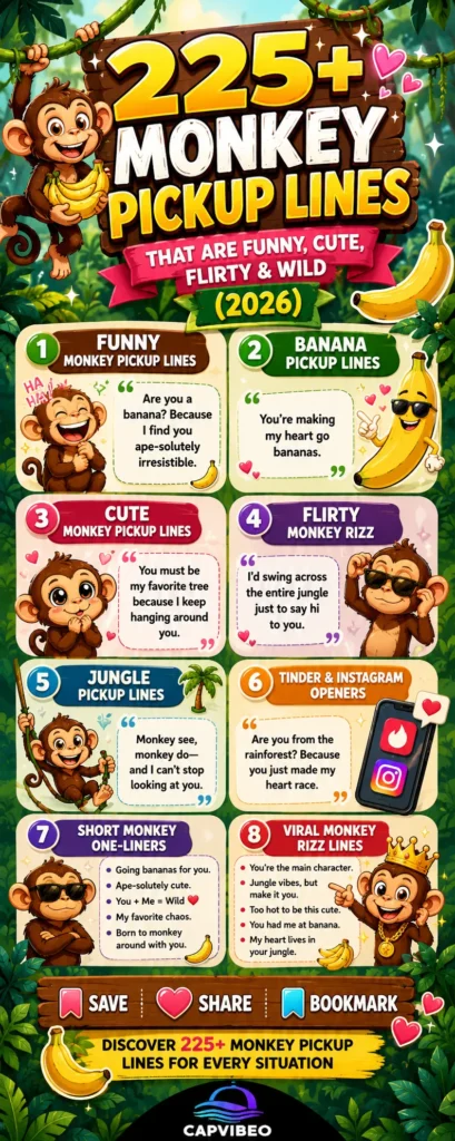 225+ Monkey Pickup Lines infographic featuring funny, cute, flirty, banana-themed, jungle-inspired, and viral monkey rizz lines for Tinder, Instagram, and social media in 2026.