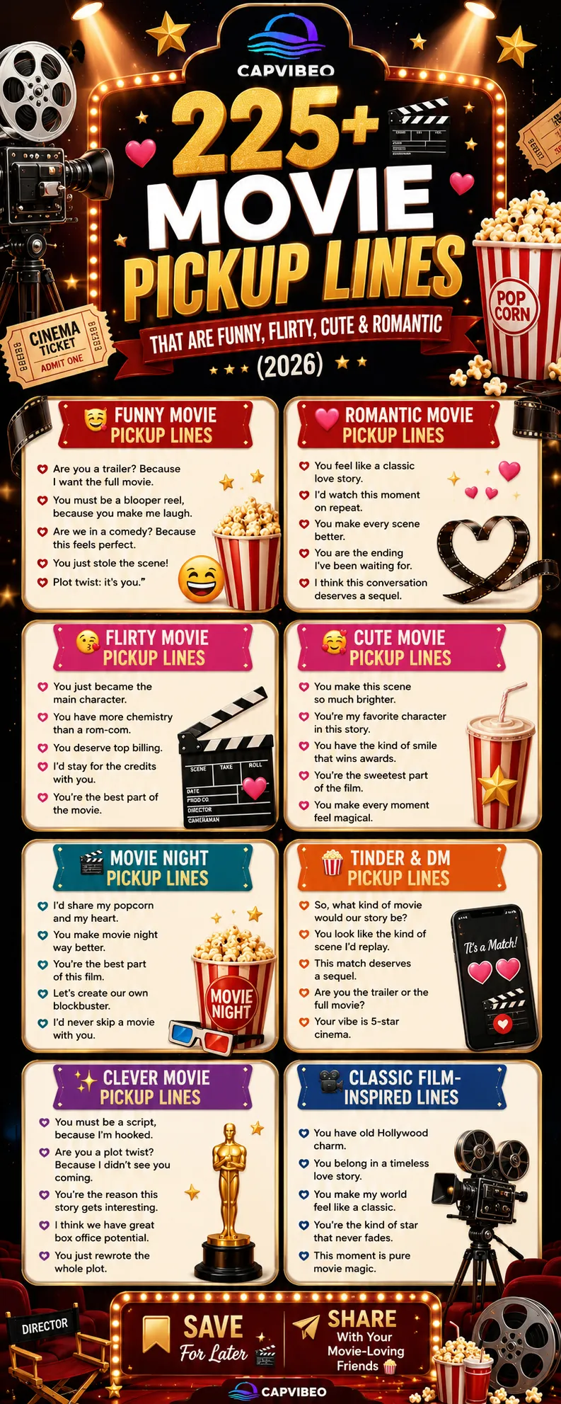 225+ Movie Pickup Lines infographic featuring funny, flirty, cute, romantic, Tinder, DM, clever, and classic film-inspired pickup lines with a cinematic Hollywood-style design for movie lovers in 2026.