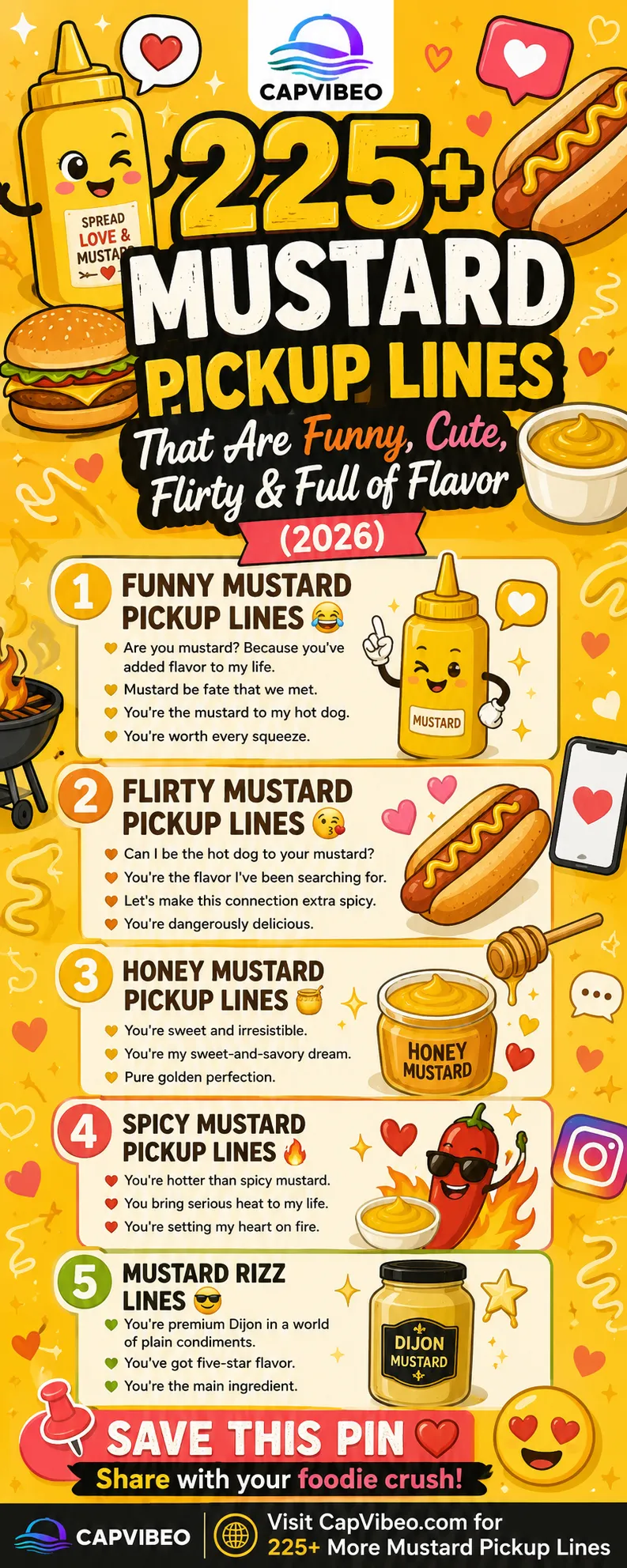 225+ mustard pickup lines infographic featuring funny, flirty, cute, honey mustard, spicy mustard, Dijon mustard, Tinder openers, and mustard rizz lines for 2026.