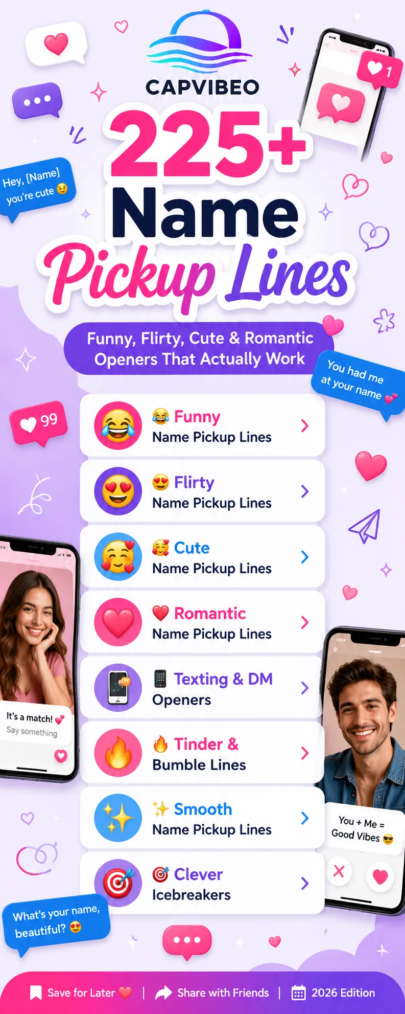 Infographic featuring 225+ Name Pickup Lines, including funny, flirty, cute, romantic, texting, DM, Tinder, Bumble, and smooth personalized openers for dating and social media conversations in 2026.