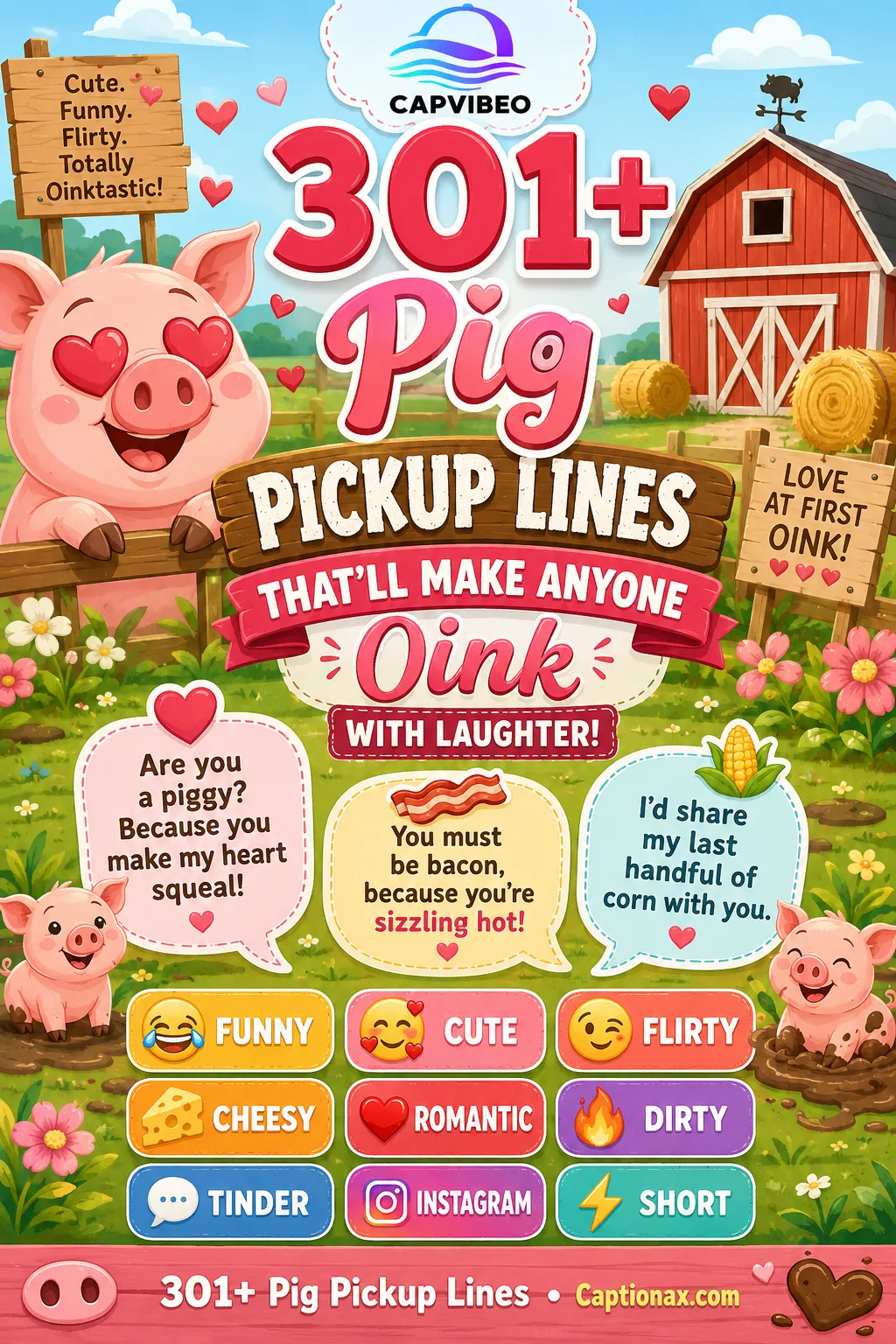 Cute Pinterest infographic featuring 301+ funny pig pickup lines with a smiling cartoon pig, romantic farm-themed illustrations, and categories including funny, flirty, cheesy, romantic, and Tinder pickup lines.
