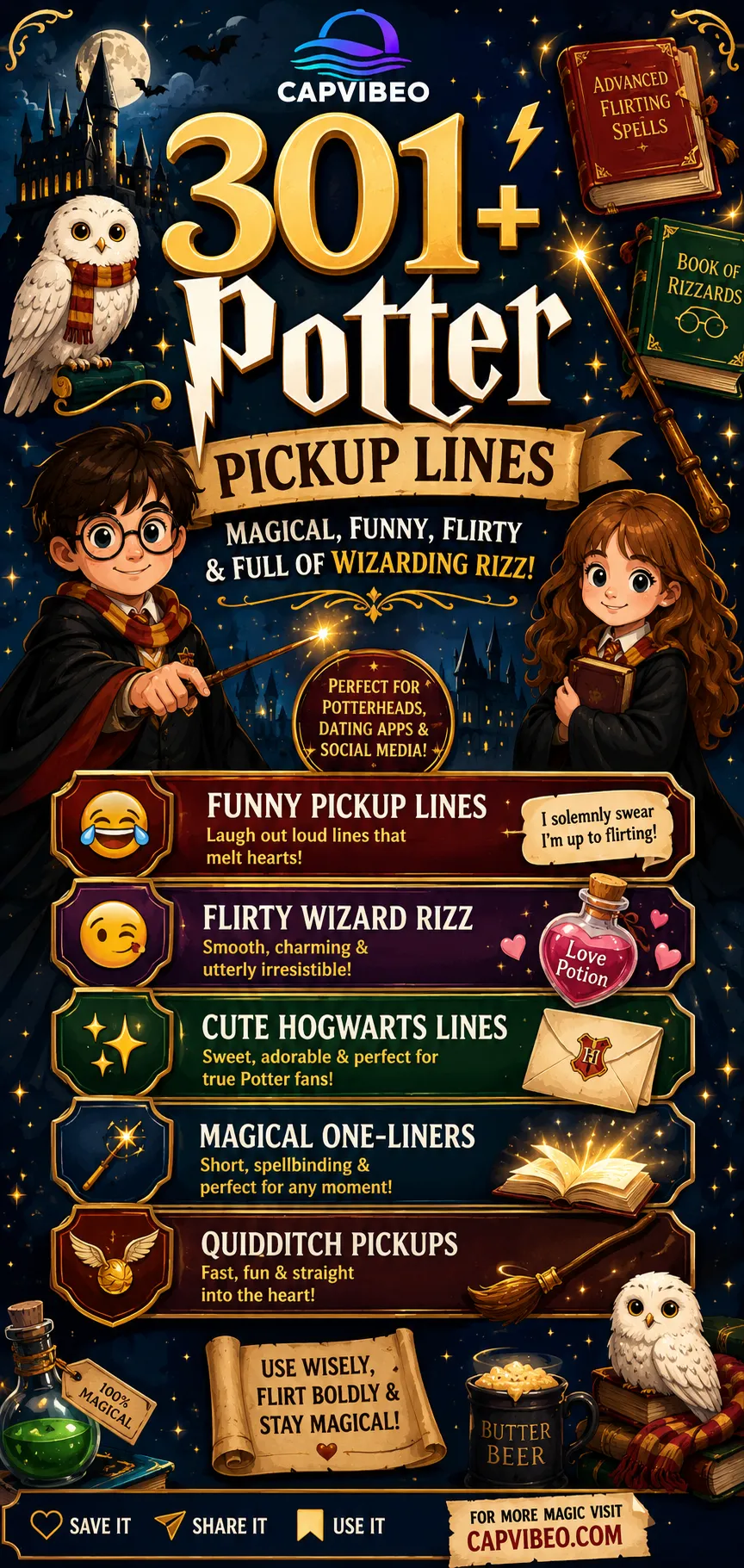 301+ Potter Pickup Lines infographic featuring magical wizard-themed illustrations, Hogwarts-inspired elements, wands, spell books, owls, broomsticks, and funny, flirty, and cute pickup lines for Potter fans.