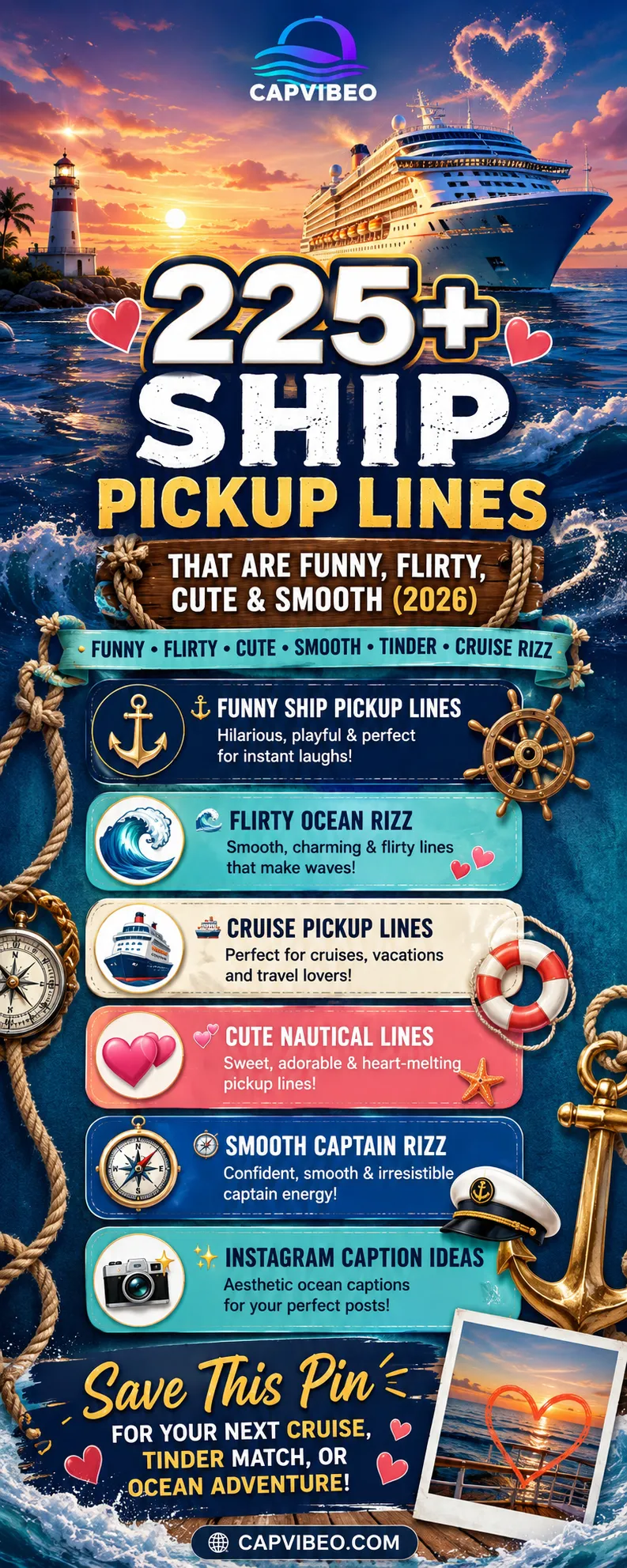 Ship Pickup Lines infographic featuring 225+ funny, flirty, cute, smooth, nautical, cruise, boat, captain, and ocean-themed pickup lines for Tinder, Instagram, and dating conversations.