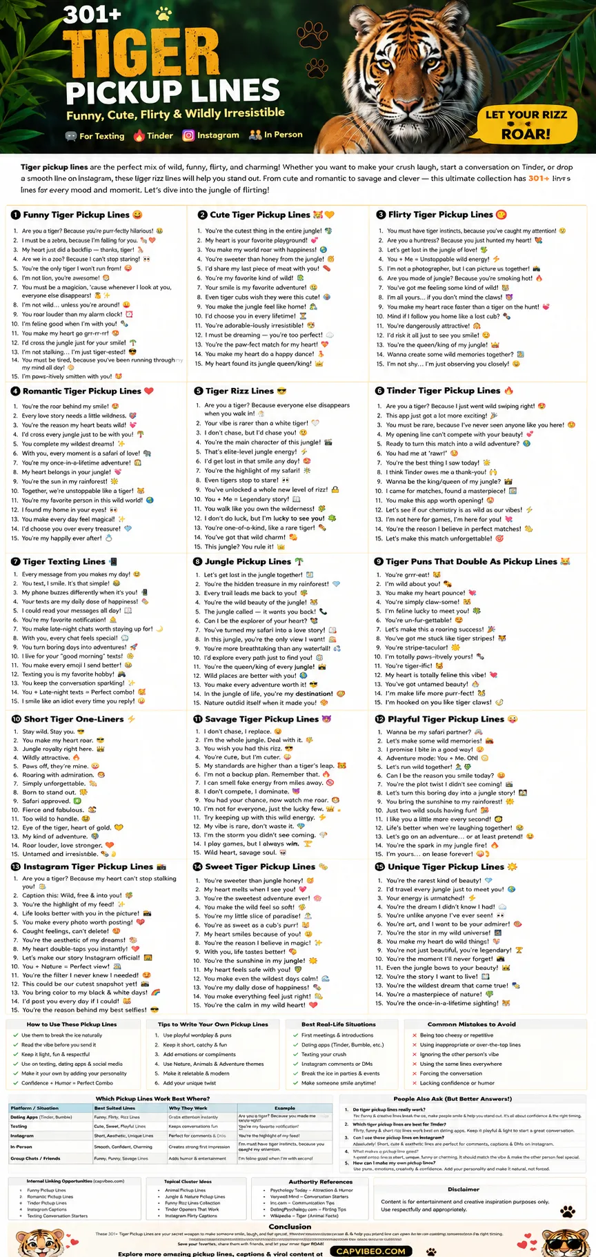 301+ Tiger Pickup Lines infographic featuring funny, cute, flirty, romantic, and tiger rizz lines with cartoon tiger illustrations, jungle elements, and safari-themed design.
