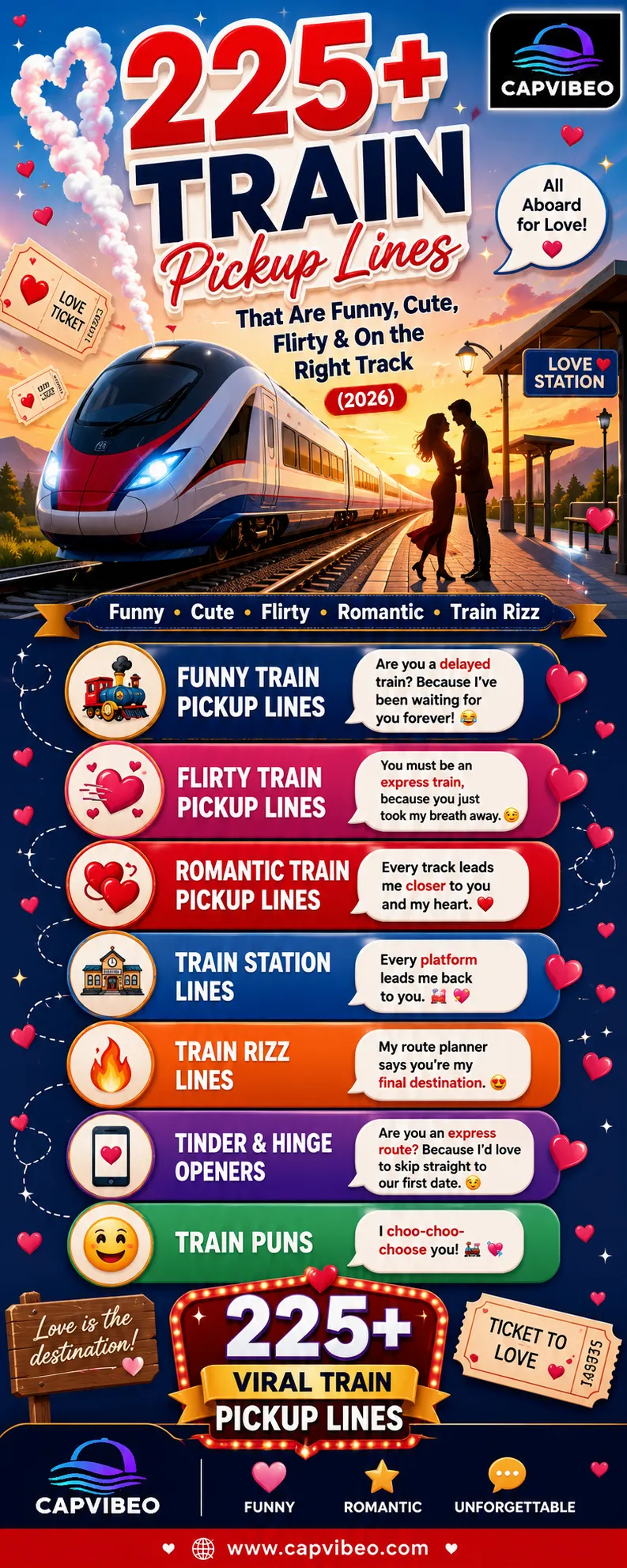 225+ Train Pickup Lines infographic featuring funny, cute, flirty, romantic, train rizz lines, railway puns, dating app openers, and train-themed conversation starters.