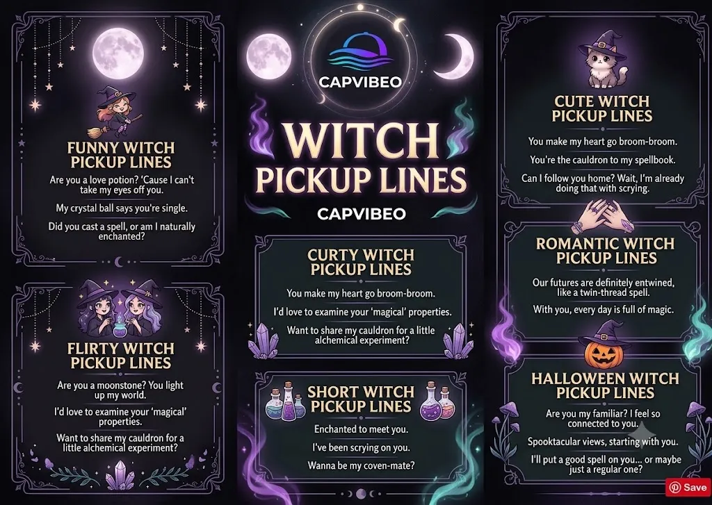 Pinterest-style infographic featuring witch pickup lines, with funny, cute, flirty, romantic, and Halloween-themed lines in a magical spooky design.