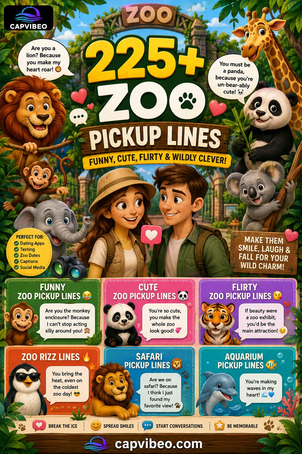 225+ Zoo Pickup Lines infographic featuring cute cartoon zoo animals, including lions, pandas, giraffes, monkeys, elephants, and penguins with funny, flirty, and cute animal-themed pickup lines for dating, texting, Instagram captions, and social media.