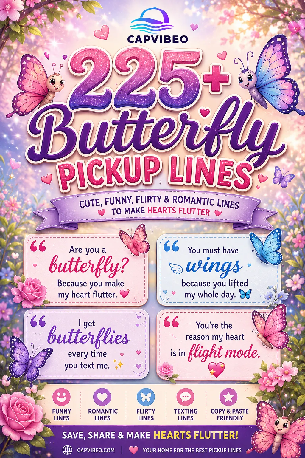 225+ Butterfly Pickup Lines infographic featuring cute, funny, flirty, and romantic butterfly-themed pickup lines with colorful butterfly illustrations and a dreamy garden background.