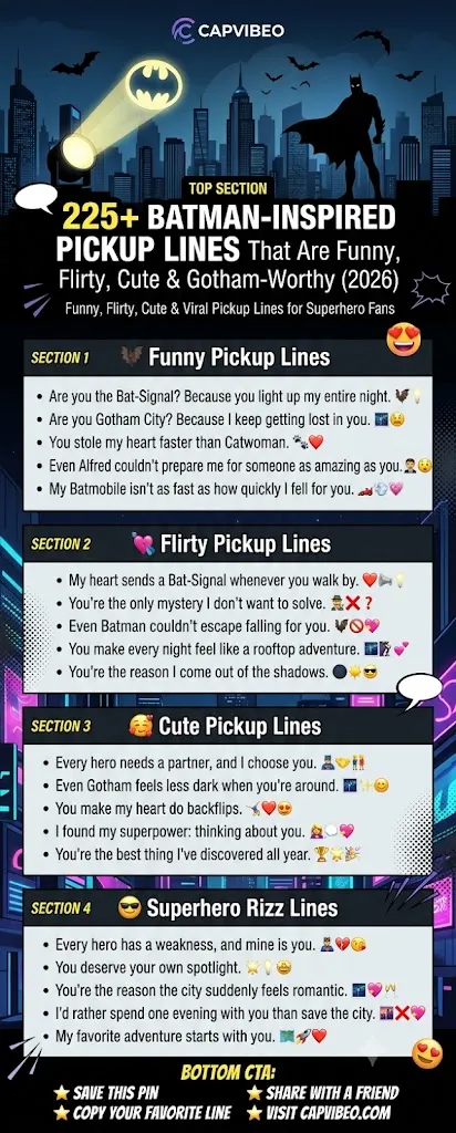  Batman-inspired pickup lines infographic featuring funny, flirty, cute, and superhero-themed rizz lines with a Gotham-style comic aesthetic and CAPVIBEO branding.