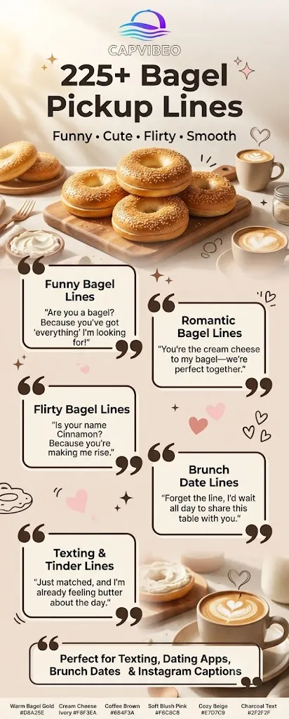 Bagel pickup lines infographic featuring funny, cute, flirty, romantic, and brunch-themed pickup lines with fresh bagels, cream cheese, coffee, and cozy café visuals.