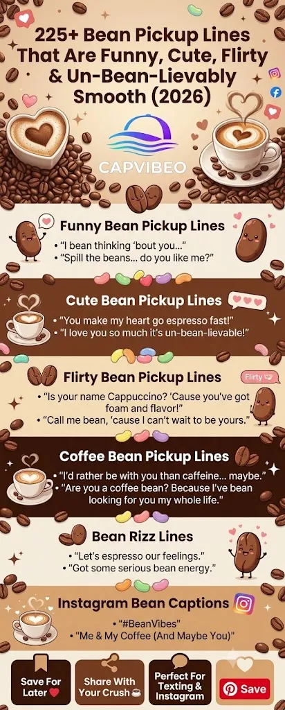 225+ Bean Pickup Lines infographic featuring funny, cute, flirty, coffee bean, jelly bean, and romantic pickup lines for texting, dating apps, Instagram captions, and social media.
