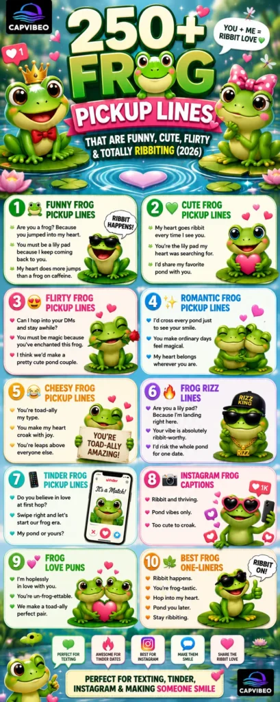 250+ Frog Pickup Lines infographic featuring funny, cute, flirty, romantic, and cheesy frog-themed pickup lines with lily pads, cartoon frogs, dating humor, and social media-friendly rizz ideas.