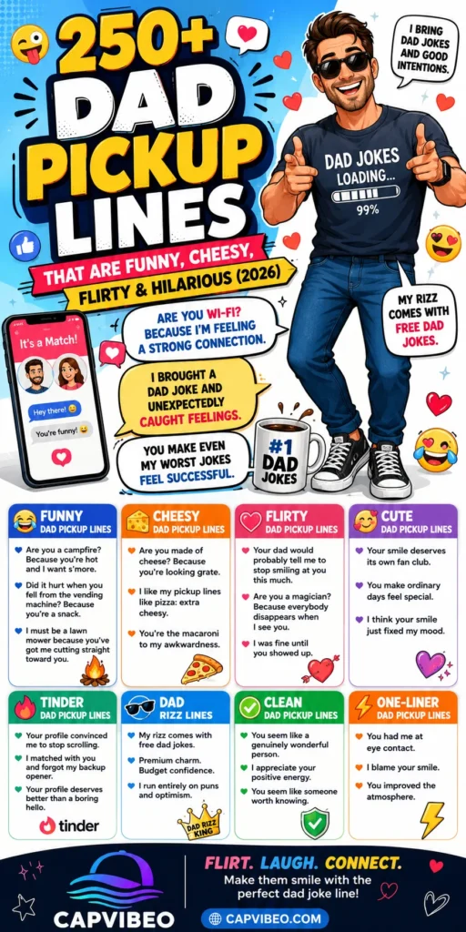 Dad Pickup Lines infographic featuring 250+ funny, cheesy, flirty, cute, clean, and hilarious dad joke pickup lines for Tinder, texting, Instagram, and social media in 2026.
