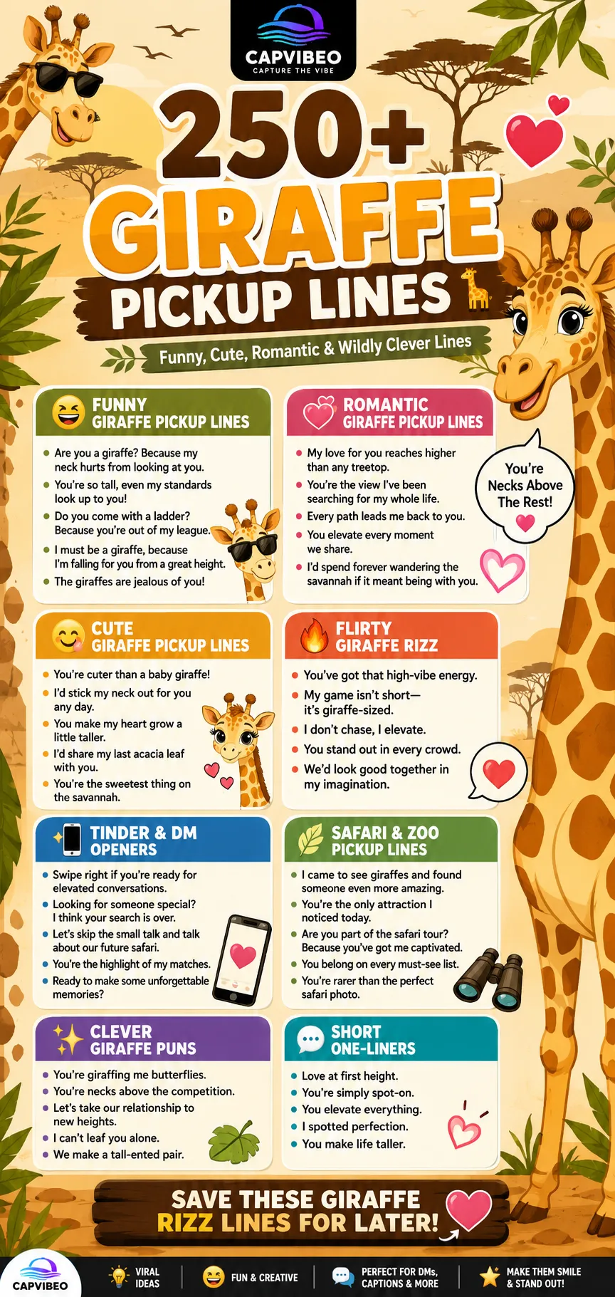 250+ giraffe pickup lines infographic featuring funny, cute, romantic, flirty, Tinder, safari, and giraffe rizz lines with playful safari-themed illustrations.
