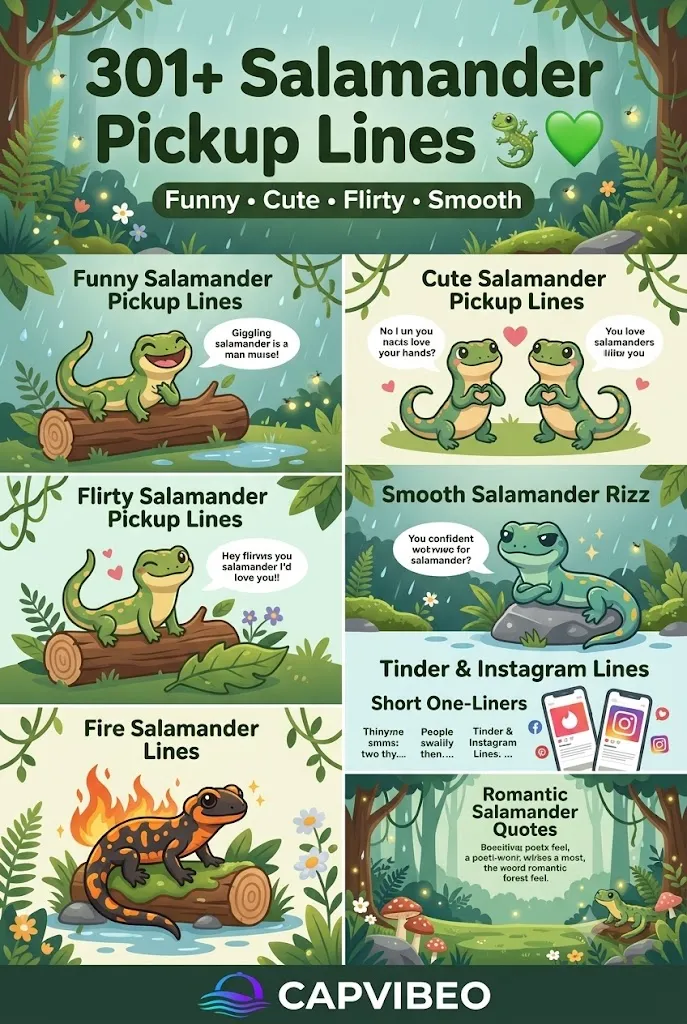 301+ Salamander Pickup Lines infographic featuring funny, cute, flirty, smooth, romantic, and fire salamander pickup lines with adorable cartoon salamanders in a colorful forest habitat.